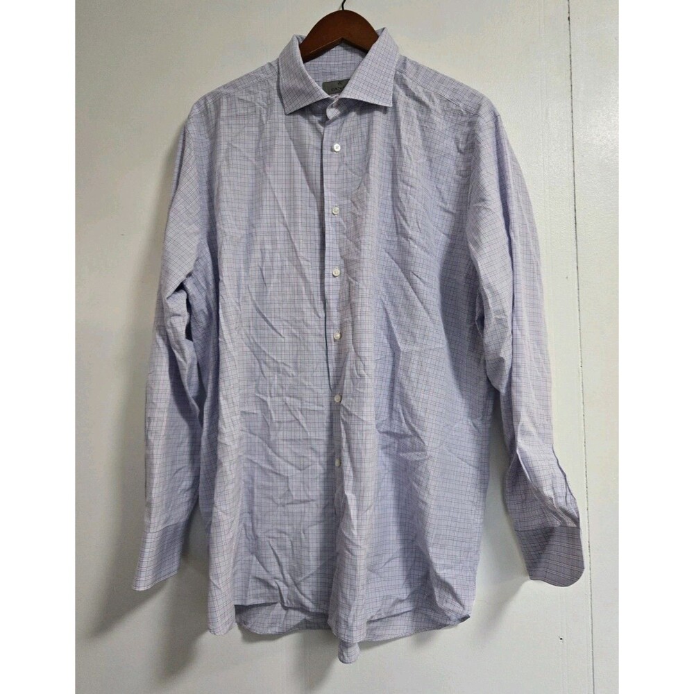 Canali Dress Shirt Mens 18 46 Blue Plaid Long Sleeve Button Made In Italy